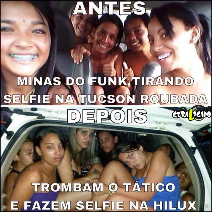 6 Funkeiras tirando selfie em carro roubado