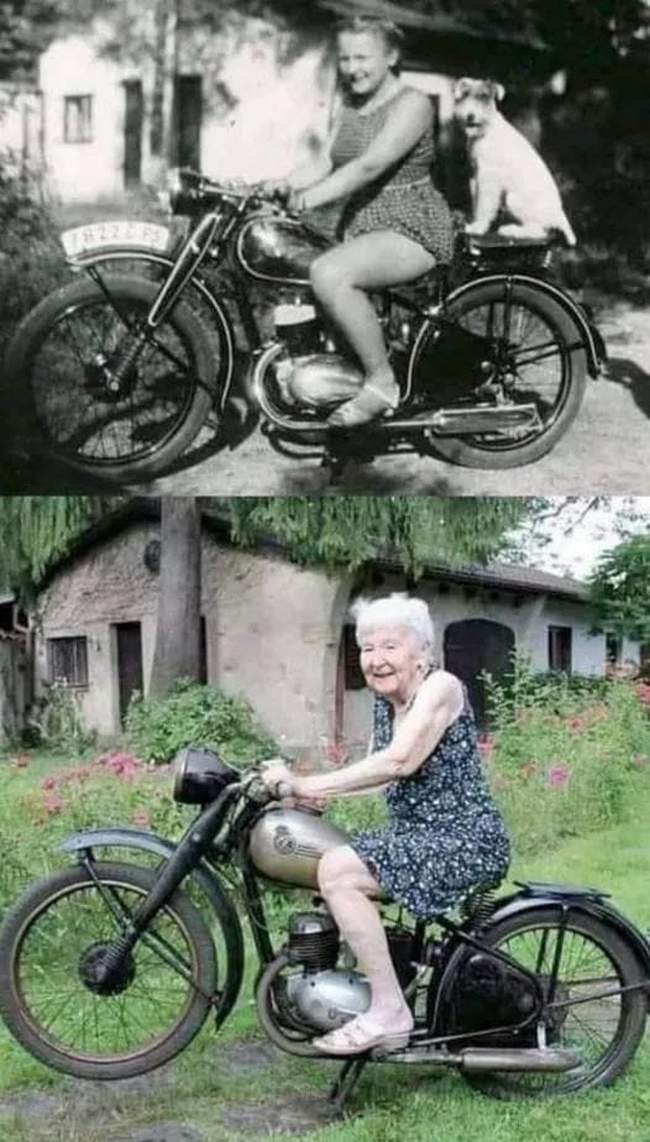 Mesma garota, mesma bike, 72 anos depois.